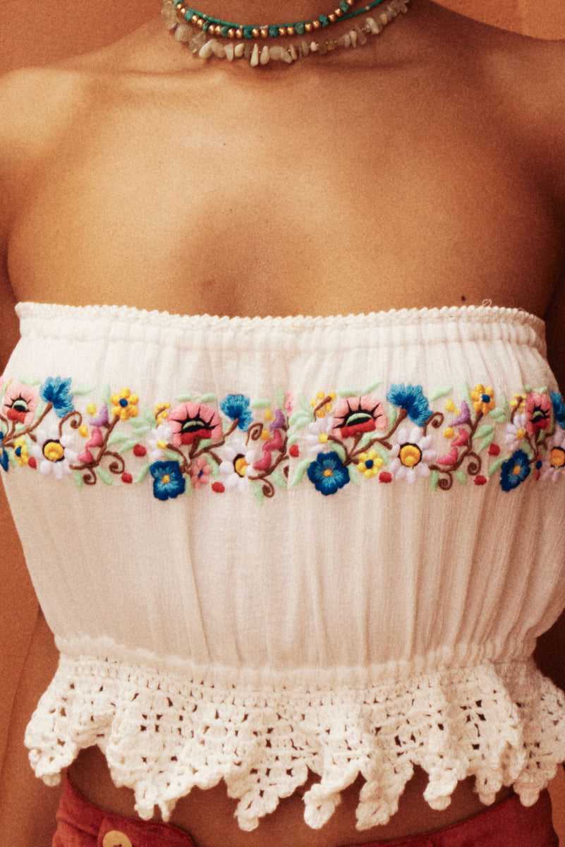 Honey Pie Embroidered Cotton Crochet Bandeau Top