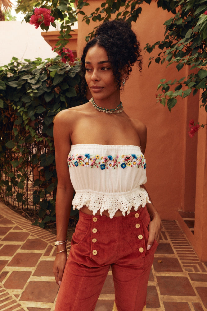 Honey Pie Embroidered Cotton Crochet Bandeau Top