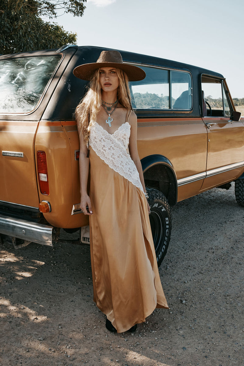 Down in the Valley Silk + Lace Slip Dress - Caramel