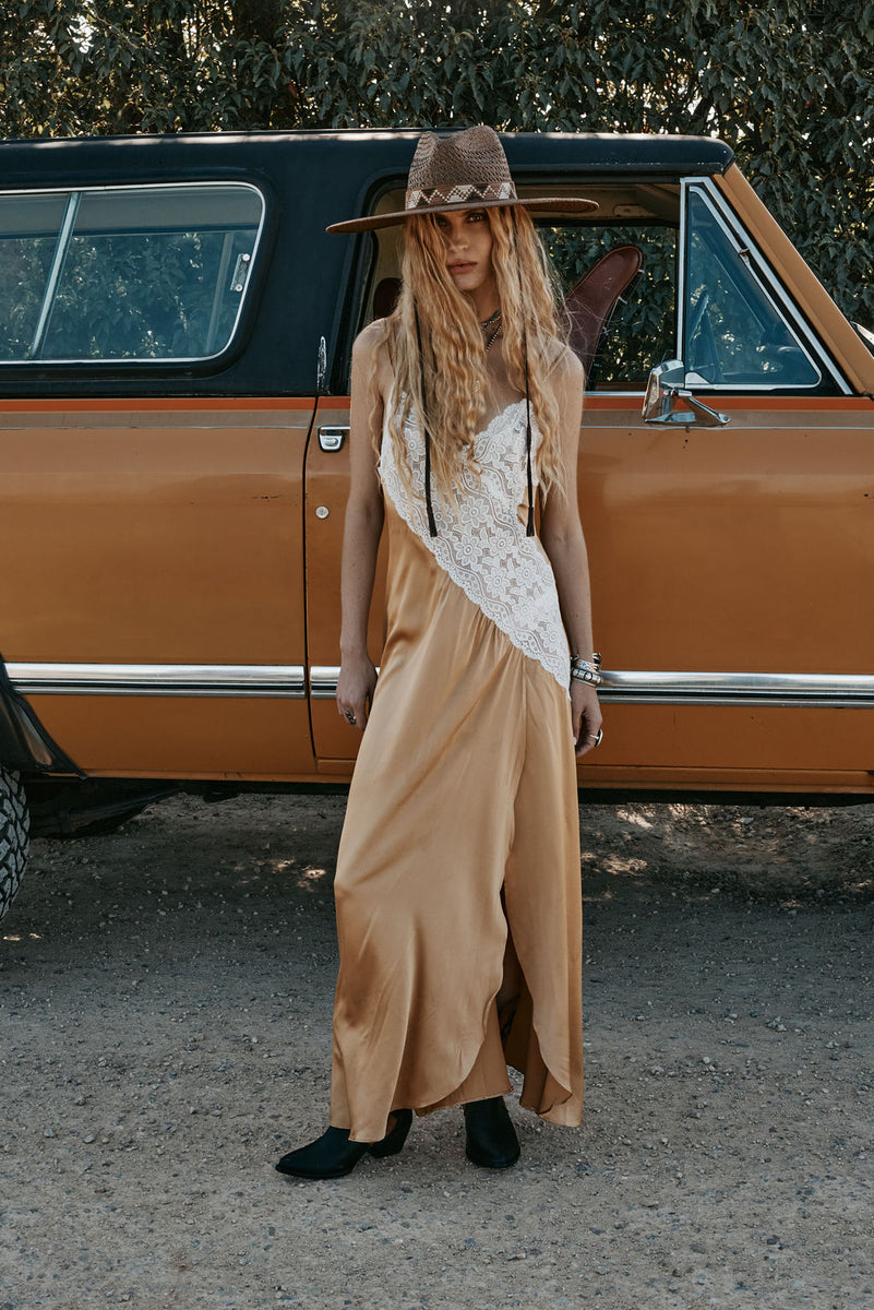 Down in the Valley Silk + Lace Slip Dress - Caramel