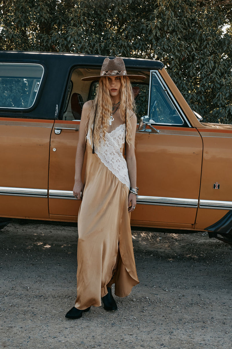 Down in the Valley Silk + Lace Slip Dress - Caramel