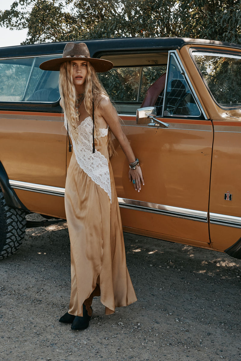 Down in the Valley Silk + Lace Slip Dress - Caramel