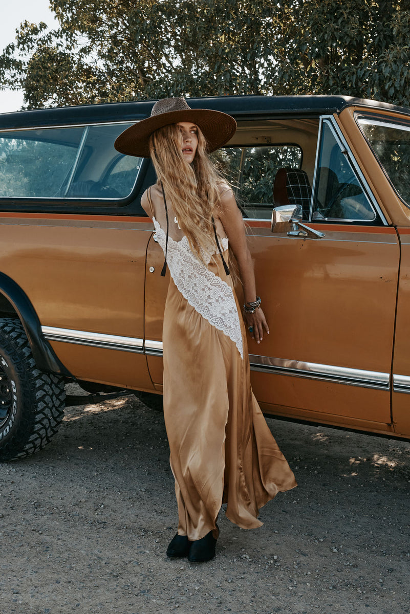 Down in the Valley Silk + Lace Slip Dress - Caramel