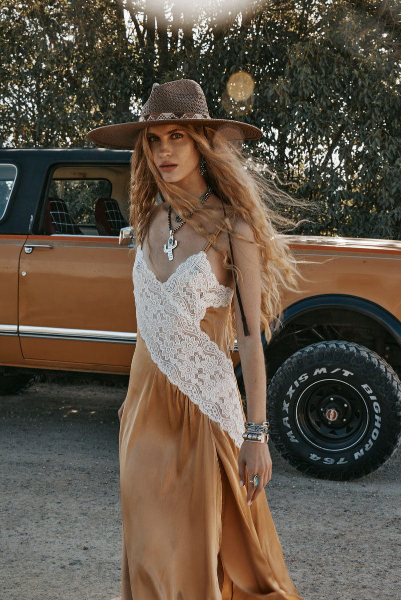 Down in the Valley Silk + Lace Slip Dress - Caramel