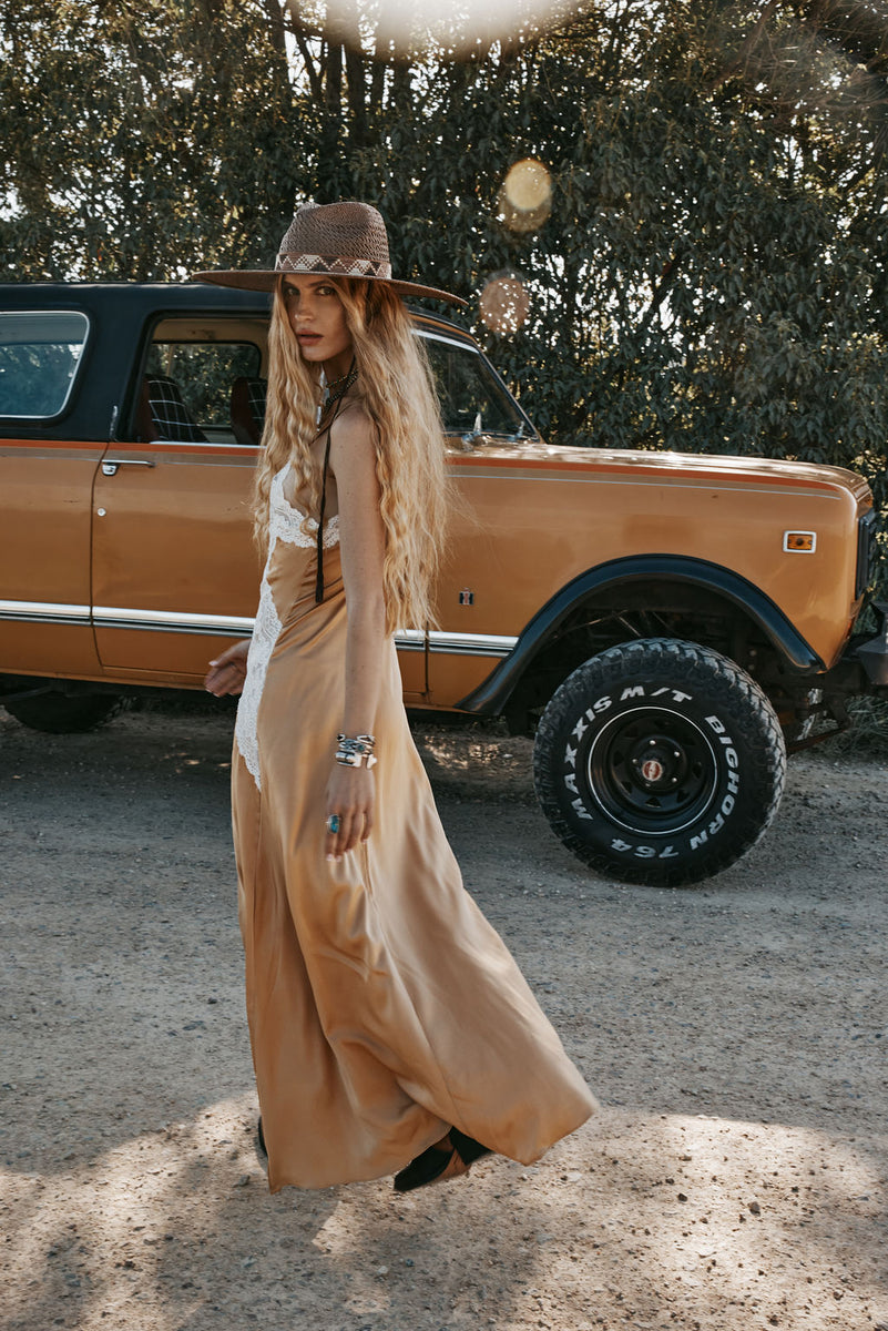 Down in the Valley Silk + Lace Slip Dress - Caramel