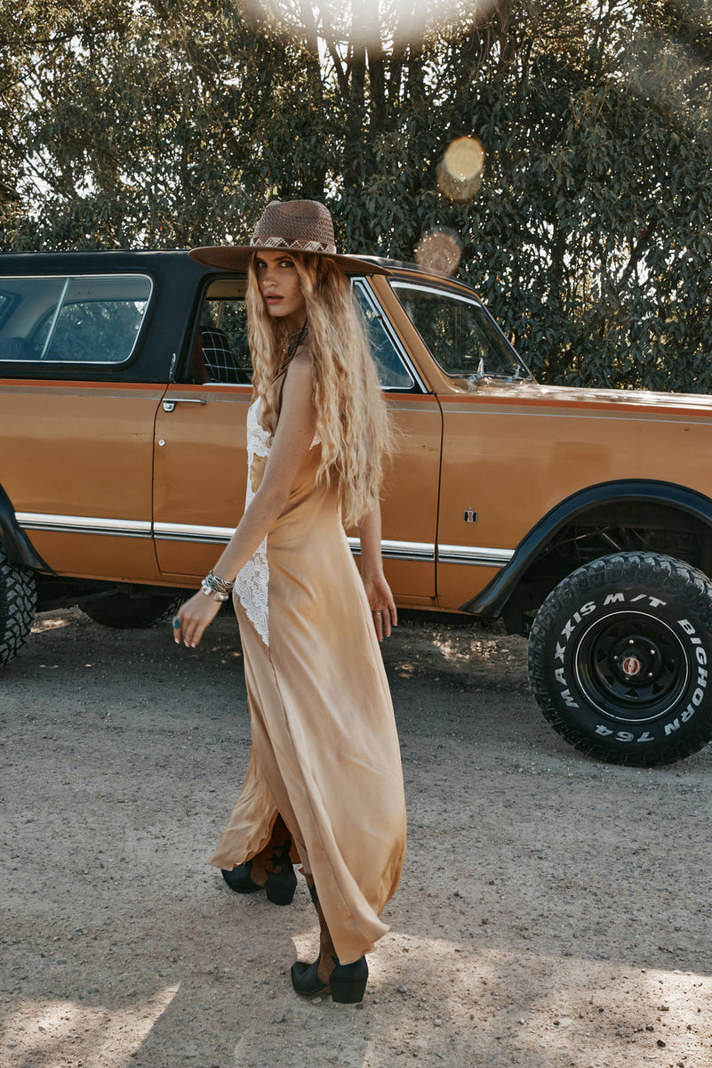 Down in the Valley Silk + Lace Slip Dress - Caramel