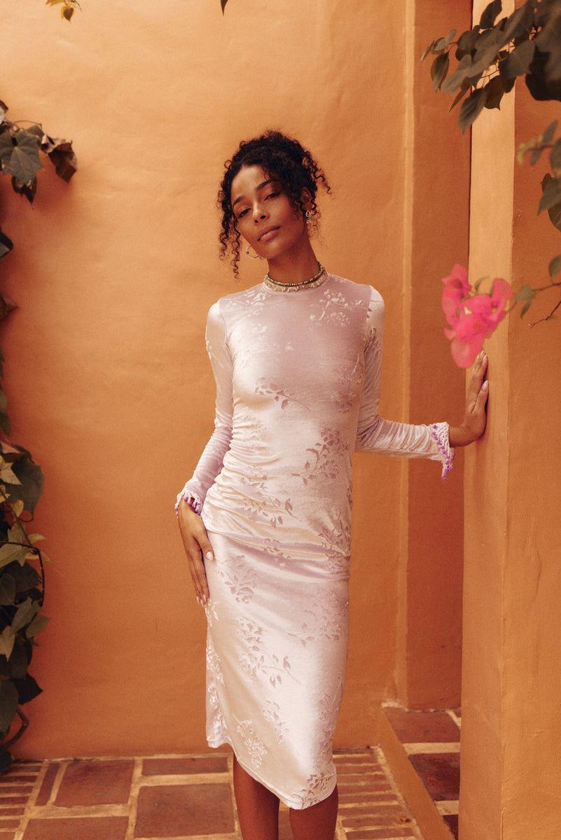 Moonlight Serenade Silk Velvet Long Sleeve Midi Dress - Blush