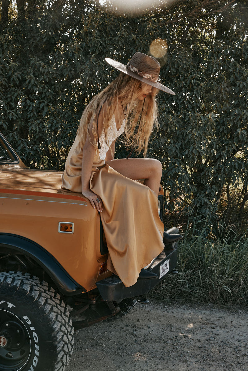 Down in the Valley Silk + Lace Slip Dress - Caramel
