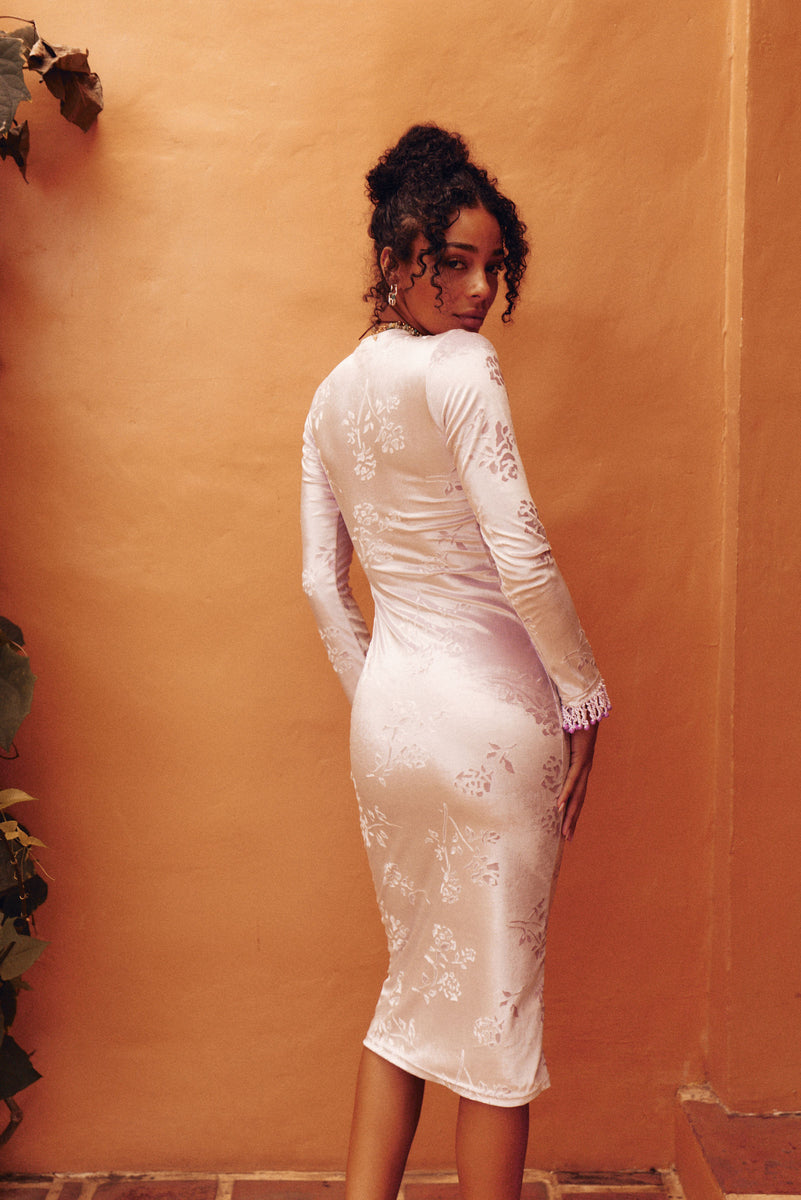 Moonlight Serenade Silk Velvet Long Sleeve Midi Dress - Blush