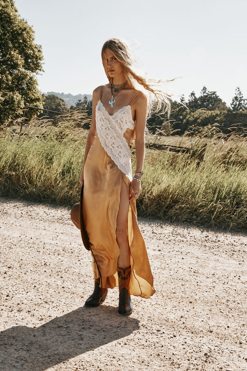 Down in the Valley Silk + Lace Slip Dress - Caramel