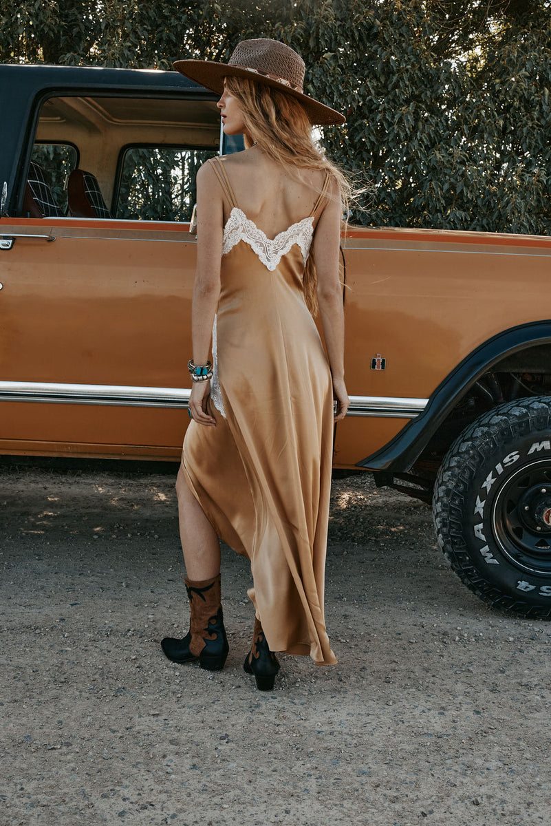 Down in the Valley Silk + Lace Slip Dress - Caramel