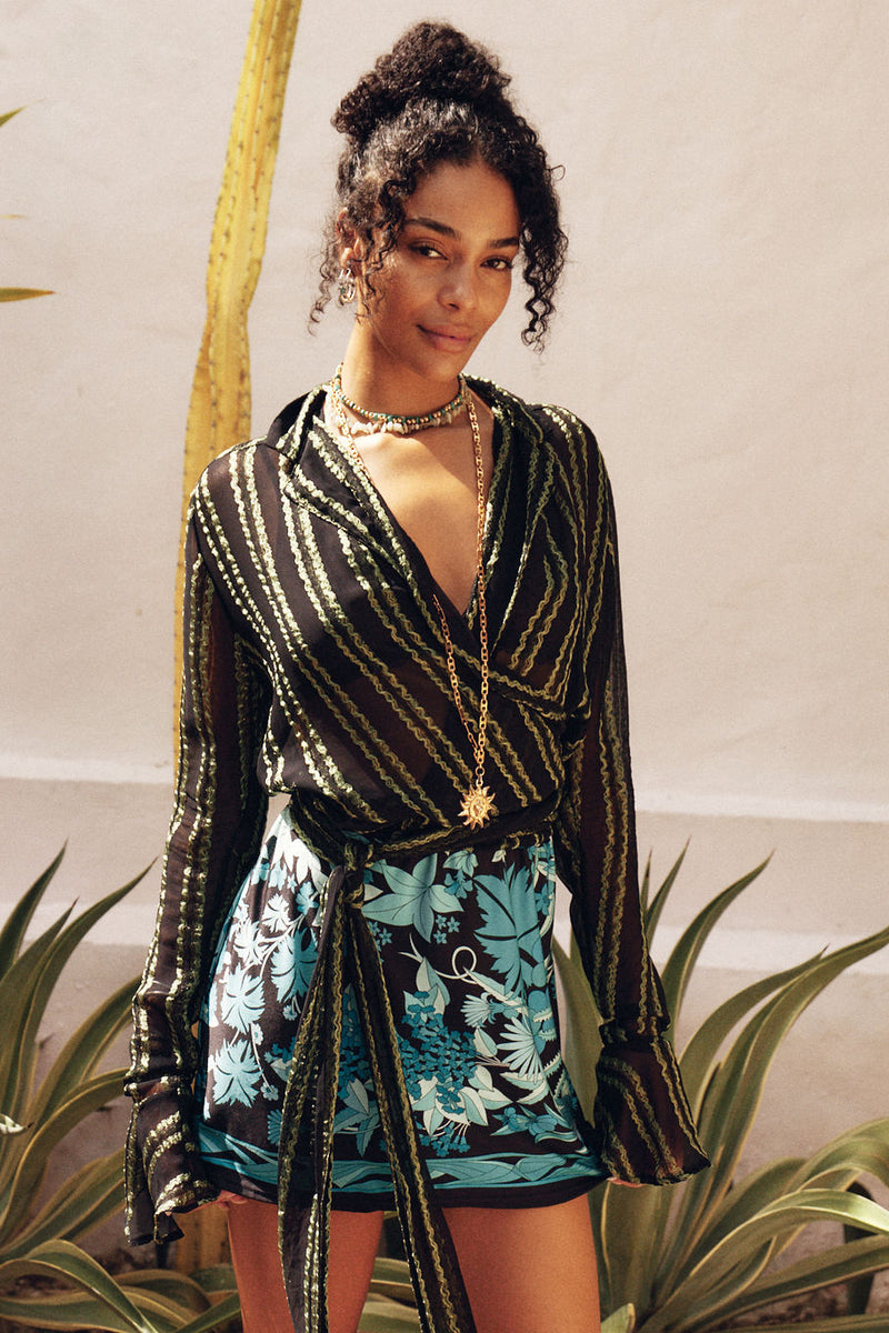 Midnight At The Oasis Silk Organza Long Sleeve Tie Blouse