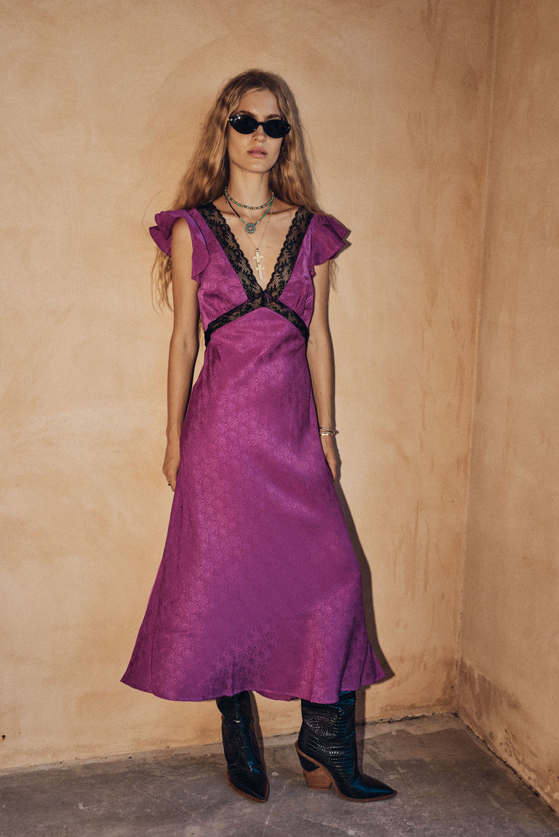 I Remember Everything Silk Jacquard Midi Dress - Fuschia