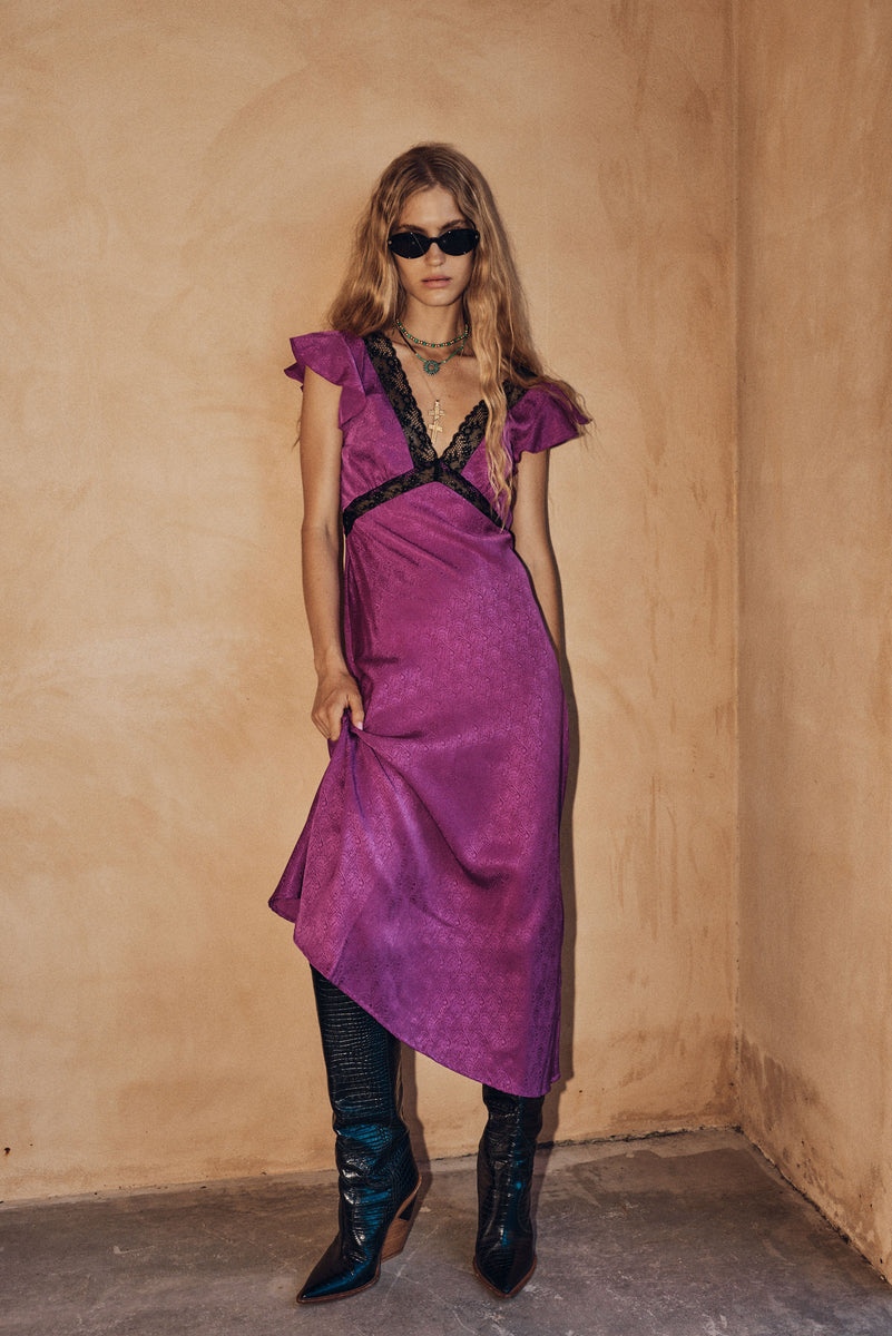 I Remember Everything Silk Jacquard Midi Dress - Fuschia