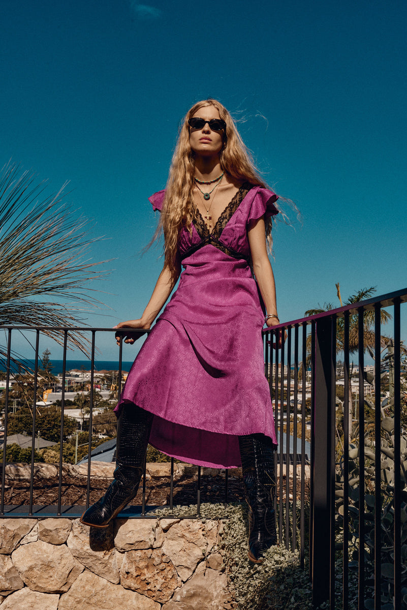 I Remember Everything Silk Jacquard Midi Dress - Fuschia