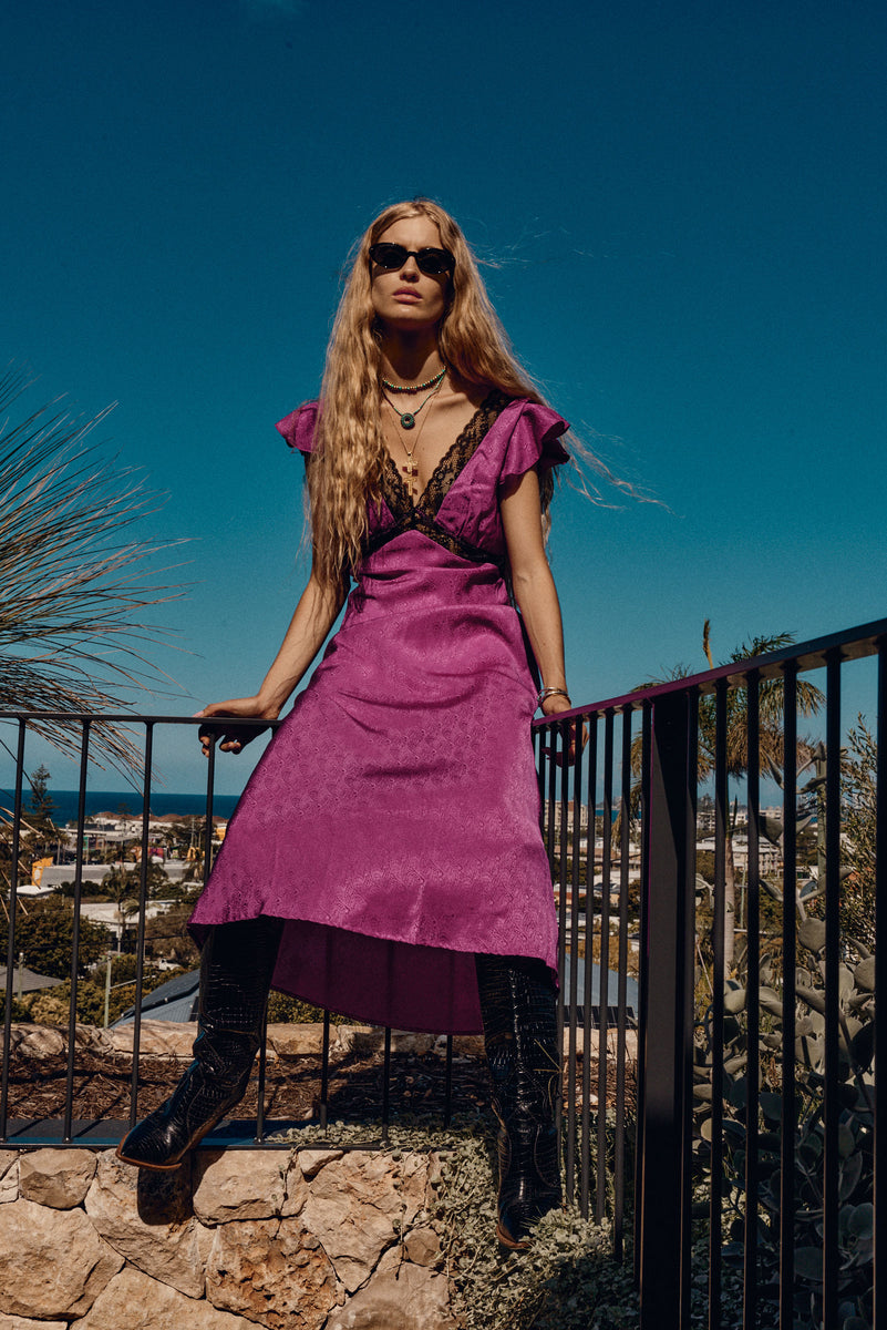 I Remember Everything Silk Jacquard Midi Dress - Fuschia