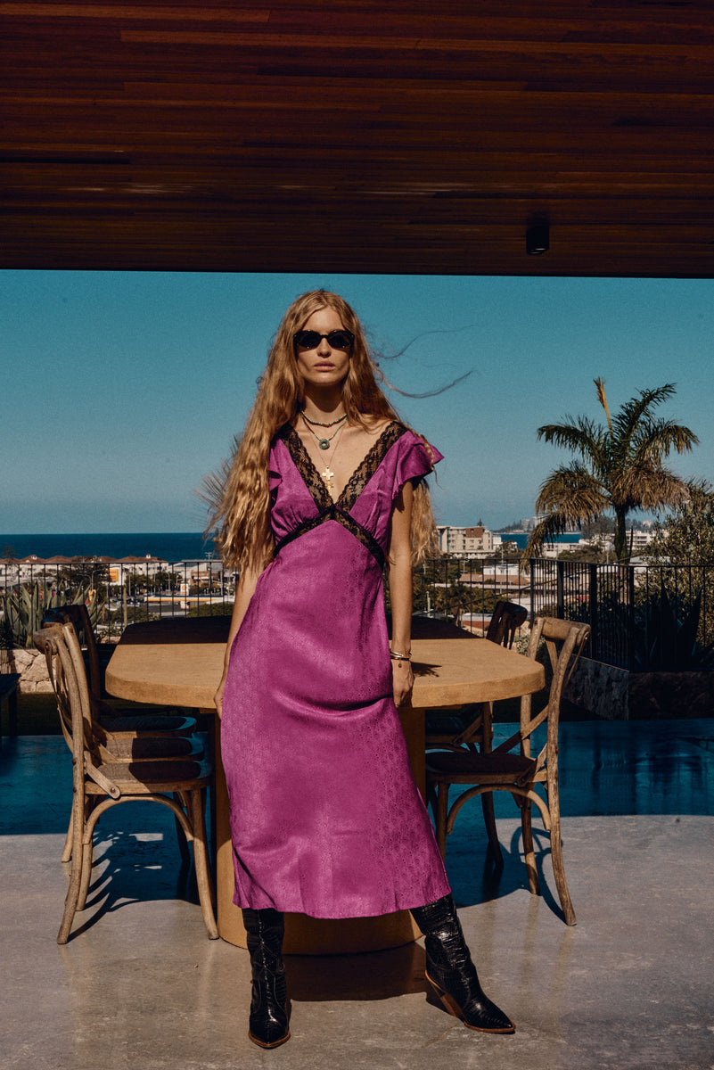 I Remember Everything Silk Jacquard Midi Dress - Fuschia