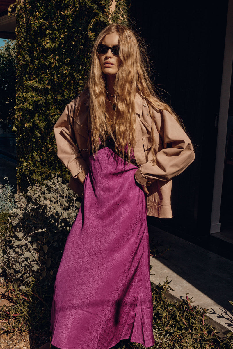 I Remember Everything Silk Jacquard Midi Dress - Fuschia