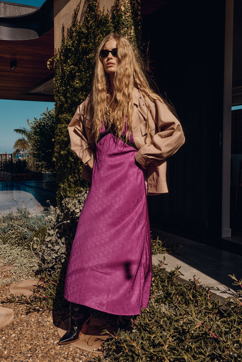 I Remember Everything Silk Jacquard Midi Dress - Fuschia