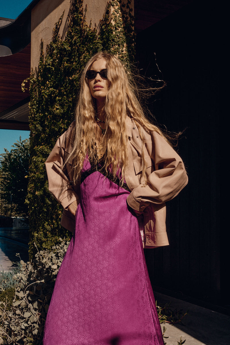 I Remember Everything Silk Jacquard Midi Dress - Fuschia