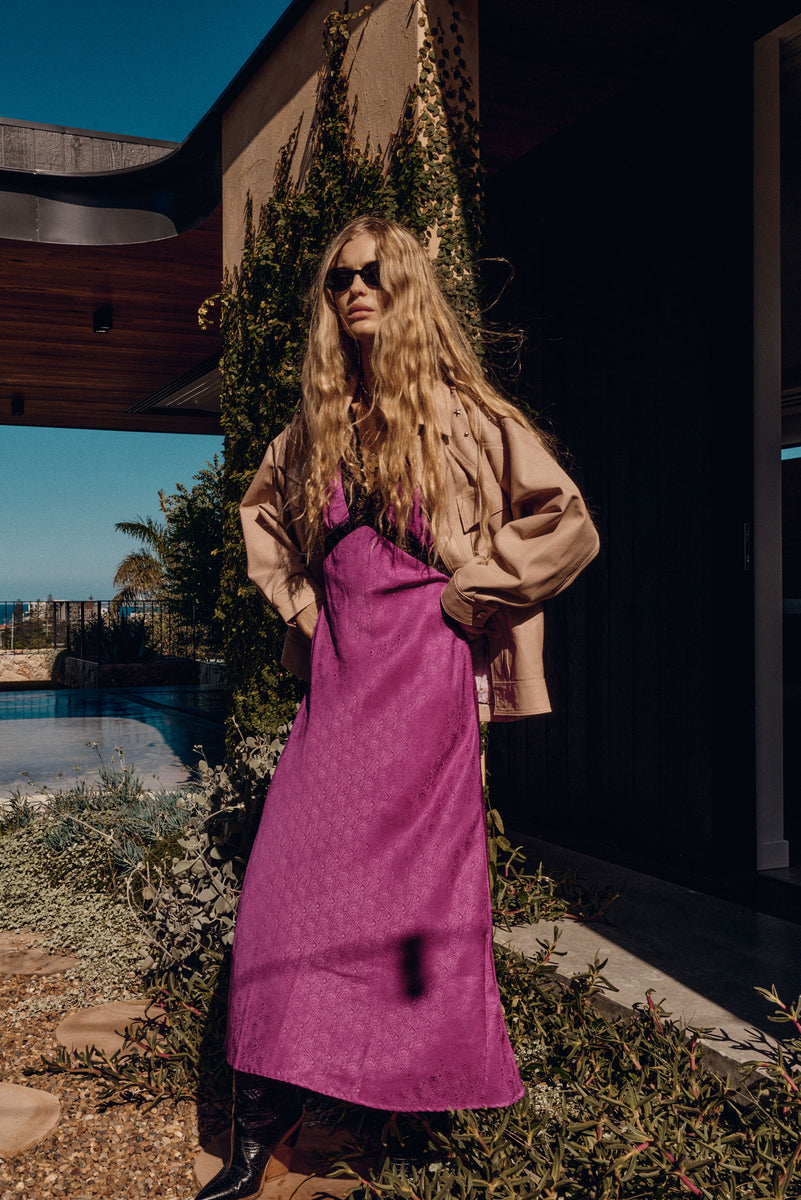 I Remember Everything Silk Jacquard Midi Dress - Fuschia