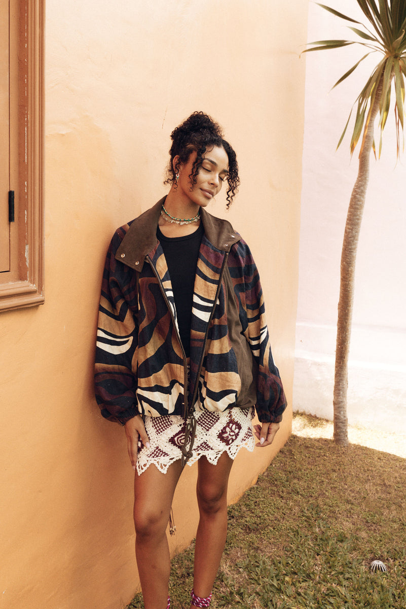 Stargazing Suede + Linen Patchwork Bomber Jacket