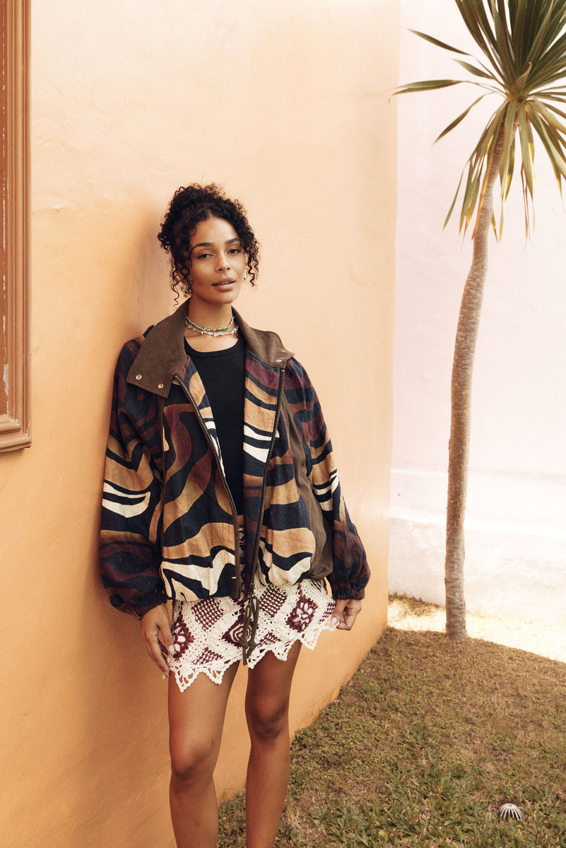 Stargazing Suede + Linen Patchwork Bomber Jacket