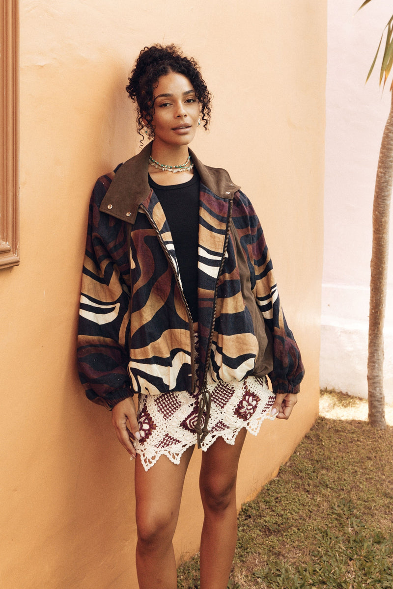 Stargazing Suede + Linen Patchwork Bomber Jacket