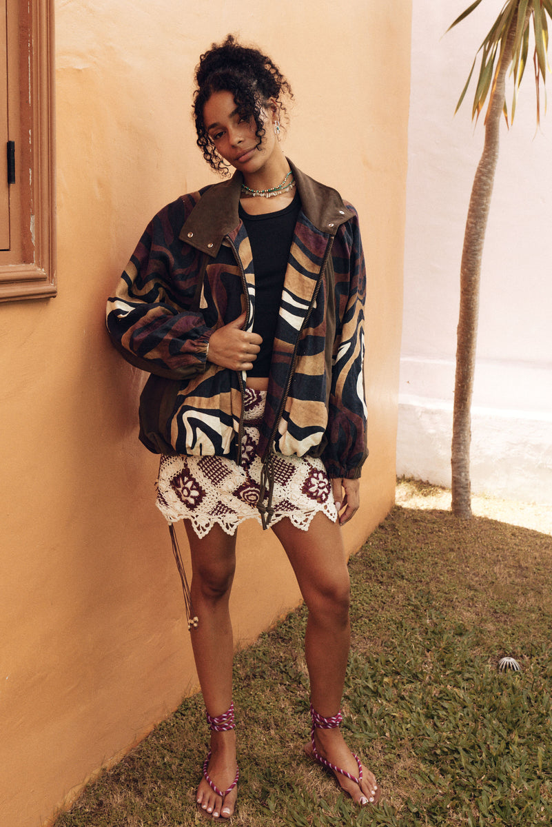 Stargazing Suede + Linen Patchwork Bomber Jacket