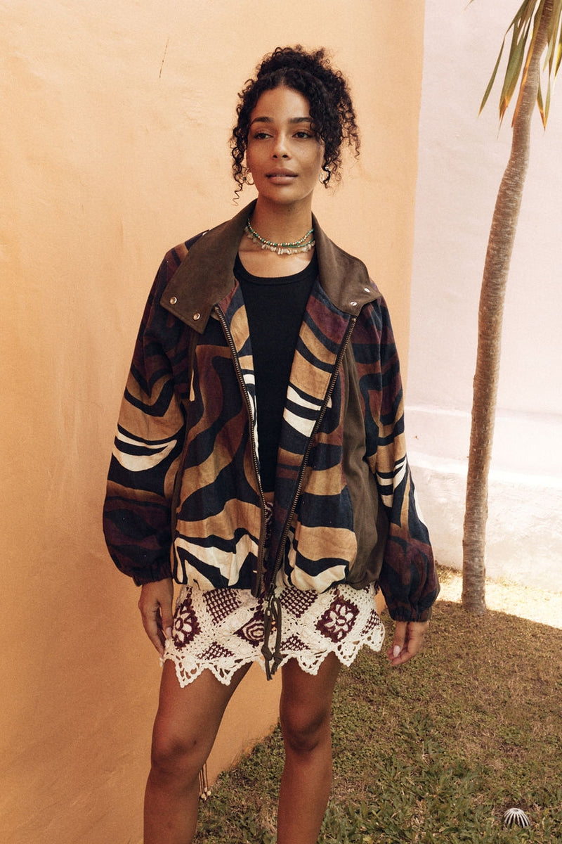 Stargazing Suede + Linen Patchwork Bomber Jacket