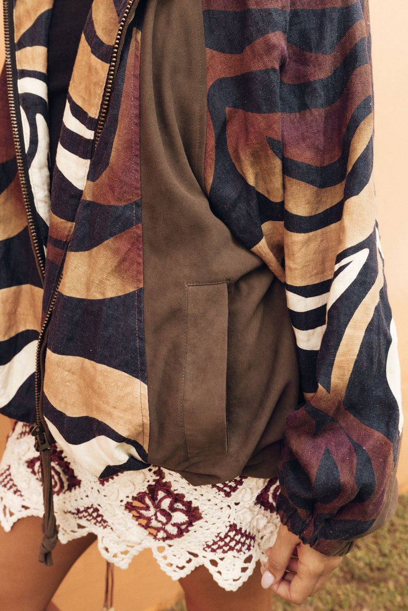 Stargazing Suede + Linen Patchwork Bomber Jacket