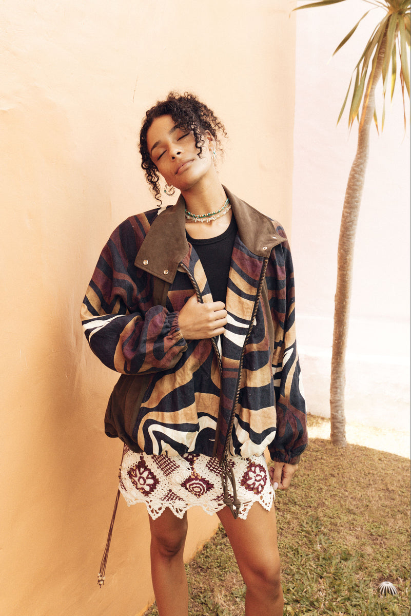 Stargazing Suede + Linen Patchwork Bomber Jacket