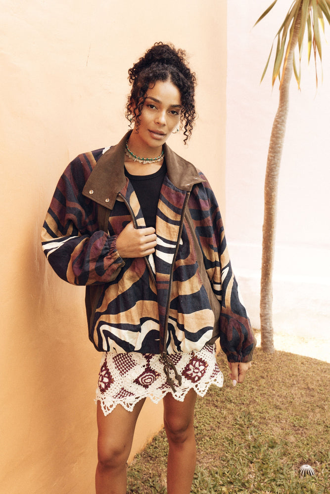 Stargazing Suede + Linen Patchwork Bomber Jacket