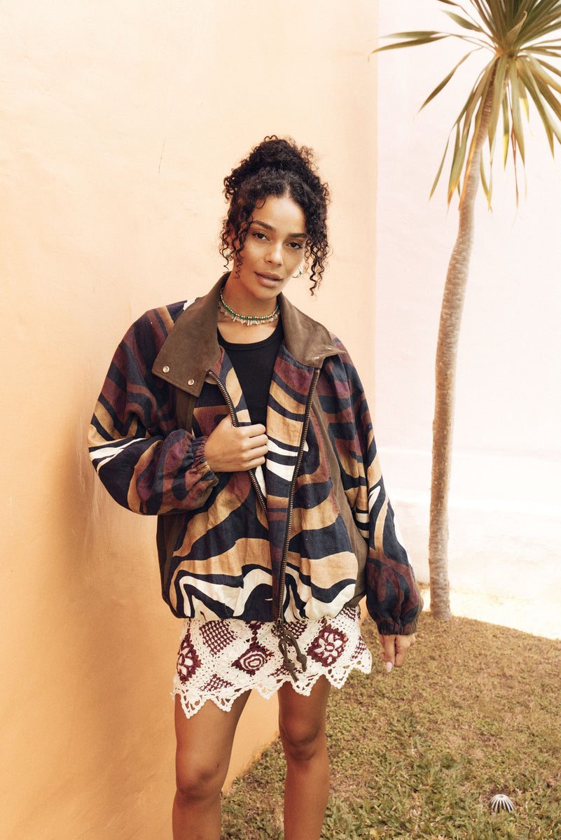 Stargazing Suede + Linen Patchwork Bomber Jacket
