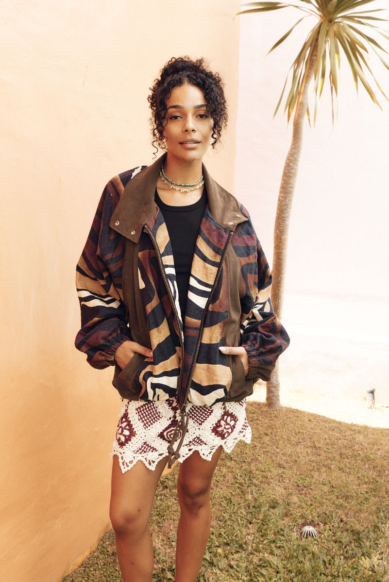 Stargazing Suede + Linen Patchwork Bomber Jacket