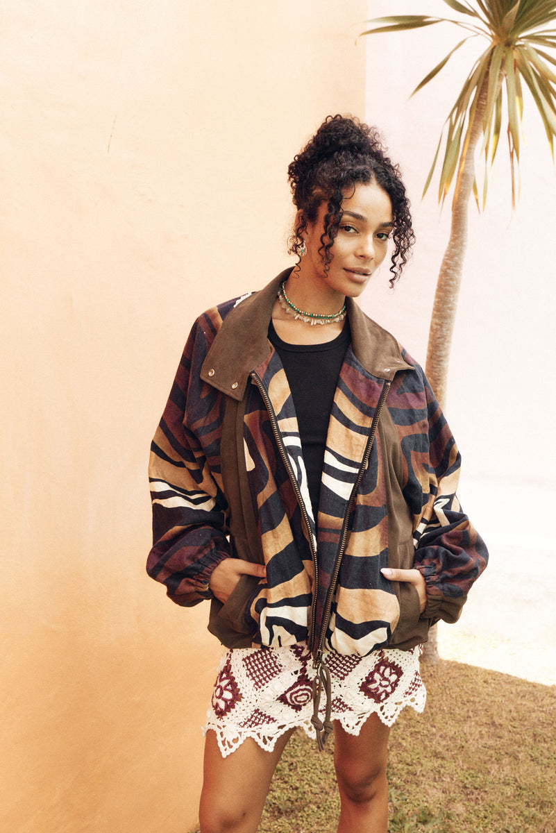 Stargazing Suede + Linen Patchwork Bomber Jacket