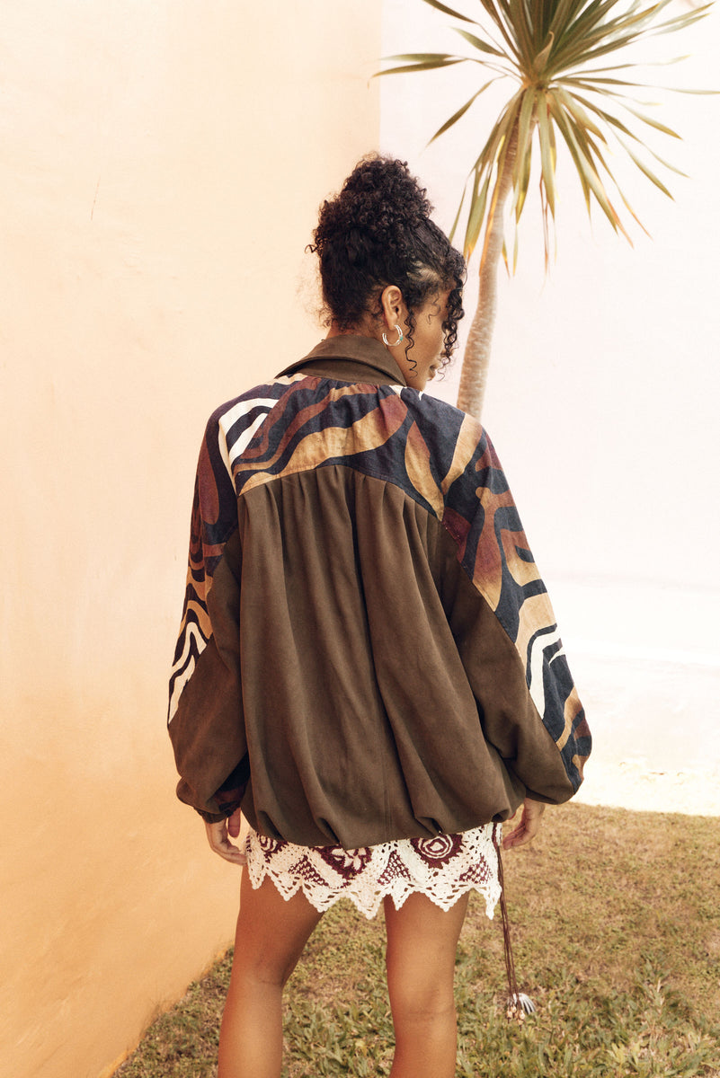 Stargazing Suede + Linen Patchwork Bomber Jacket
