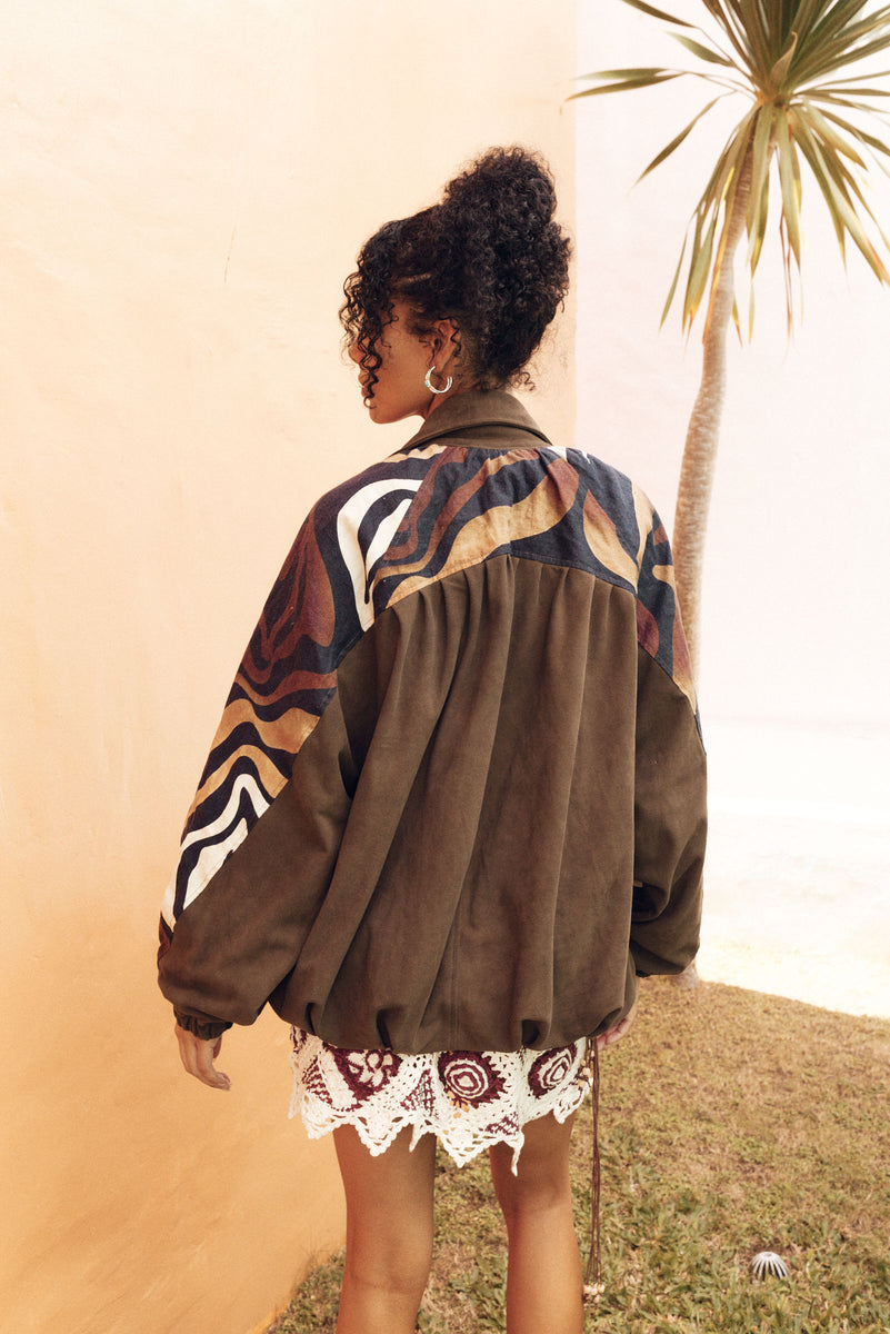 Stargazing Suede + Linen Patchwork Bomber Jacket