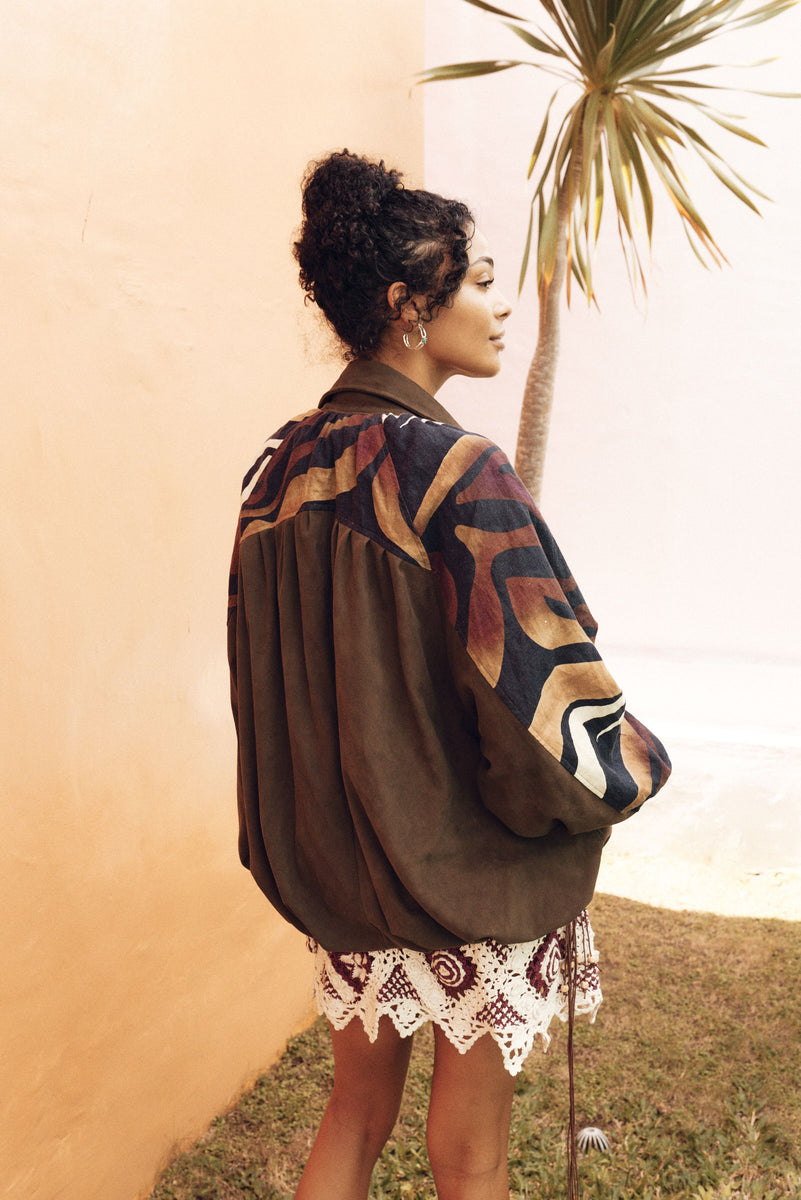 Stargazing Suede + Linen Patchwork Bomber Jacket