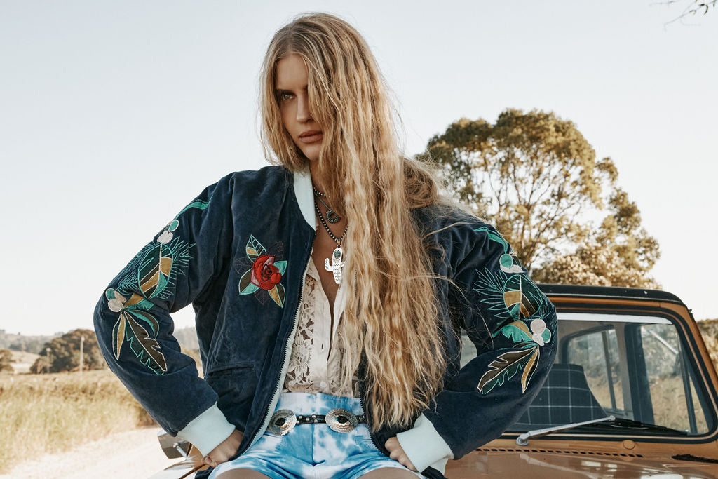 Coconut Grove Velvet Embroidered Reversible Bomber Jacket