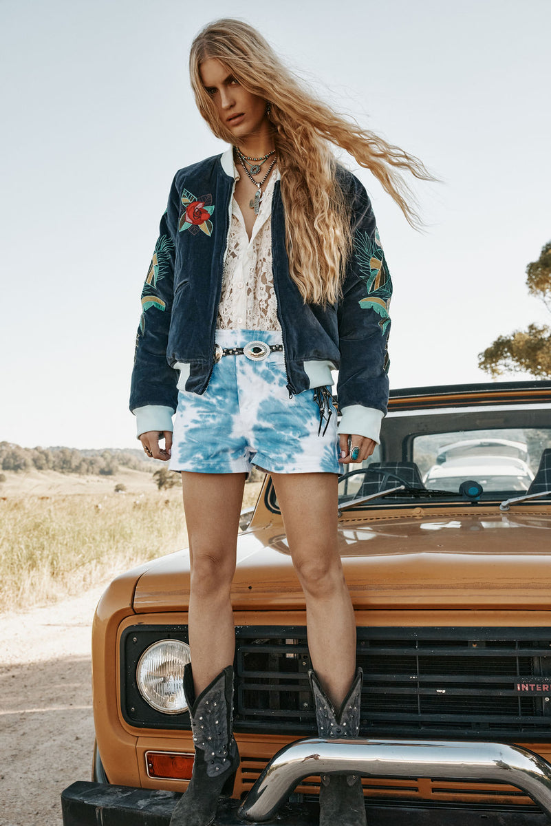Coconut Grove Velvet Embroidered Reversible Bomber Jacket
