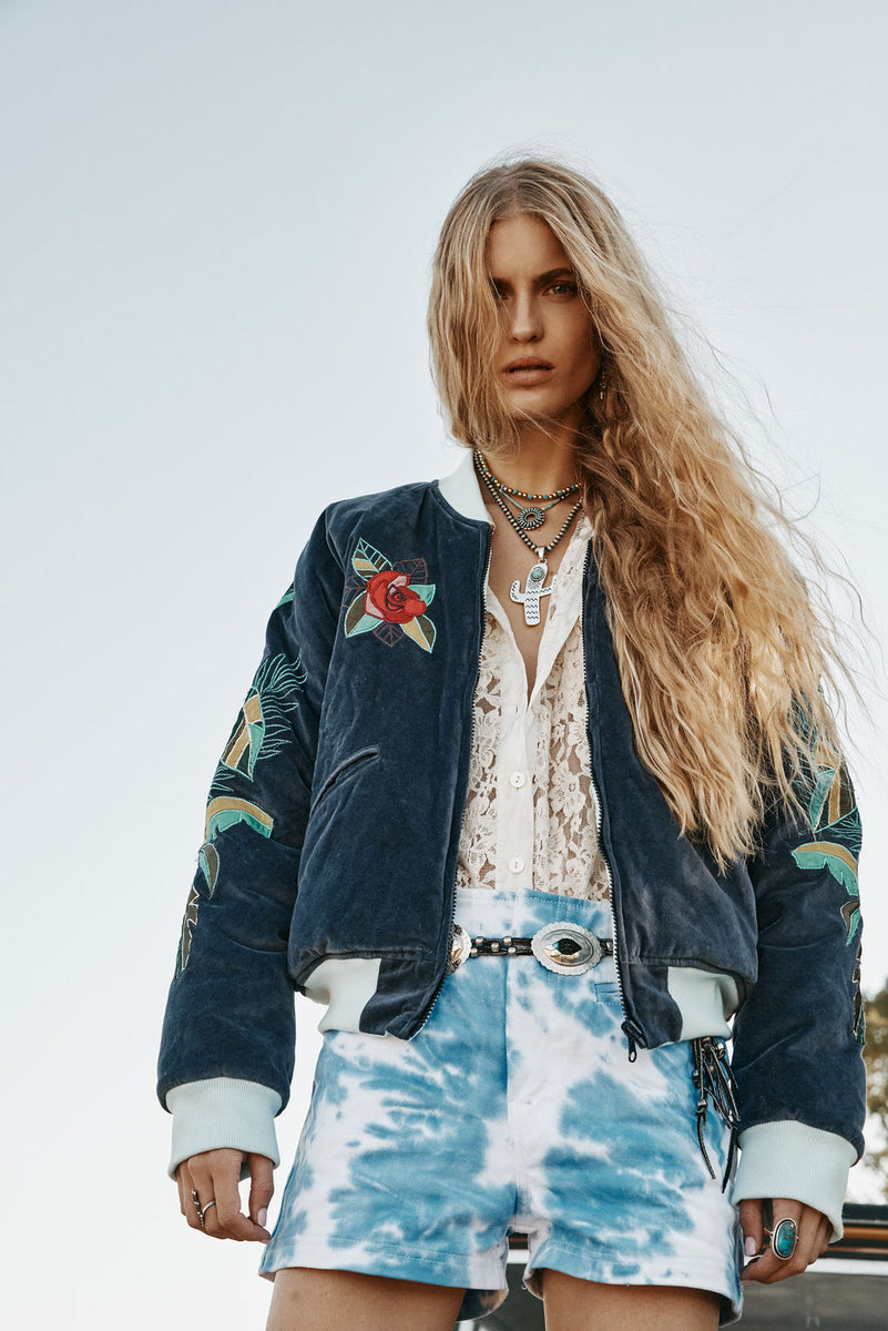 Coconut Grove Velvet Embroidered Reversible Bomber Jacket