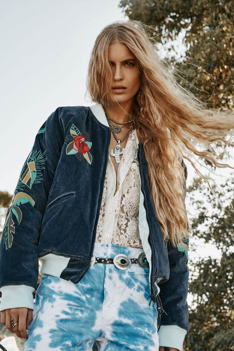 Coconut Grove Velvet Embroidered Reversible Bomber Jacket
