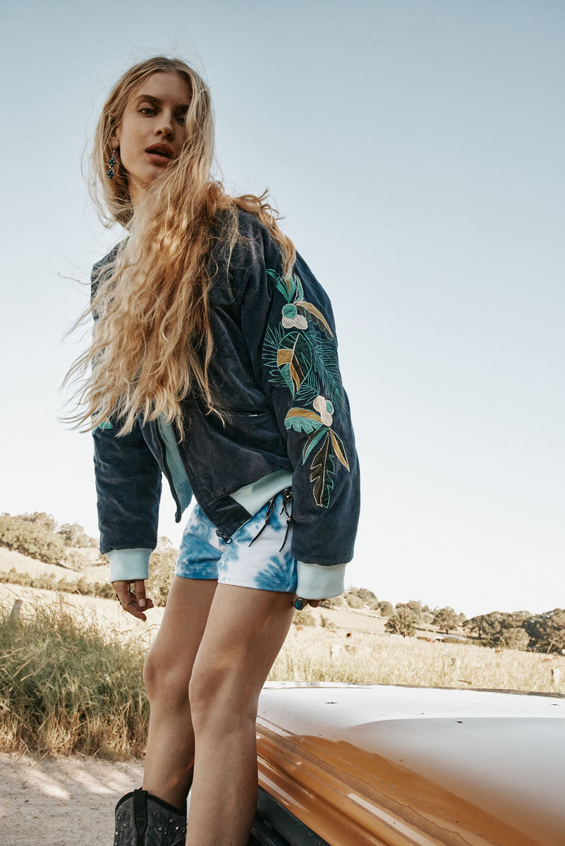 Coconut Grove Velvet Embroidered Reversible Bomber Jacket