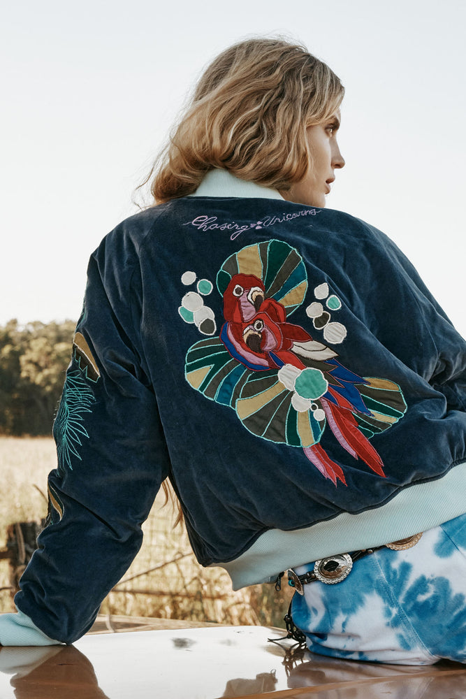 Coconut Grove Velvet Embroidered Reversible Bomber Jacket