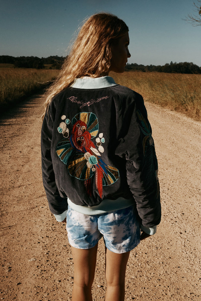 Coconut Grove Velvet Embroidered Reversible Bomber Jacket