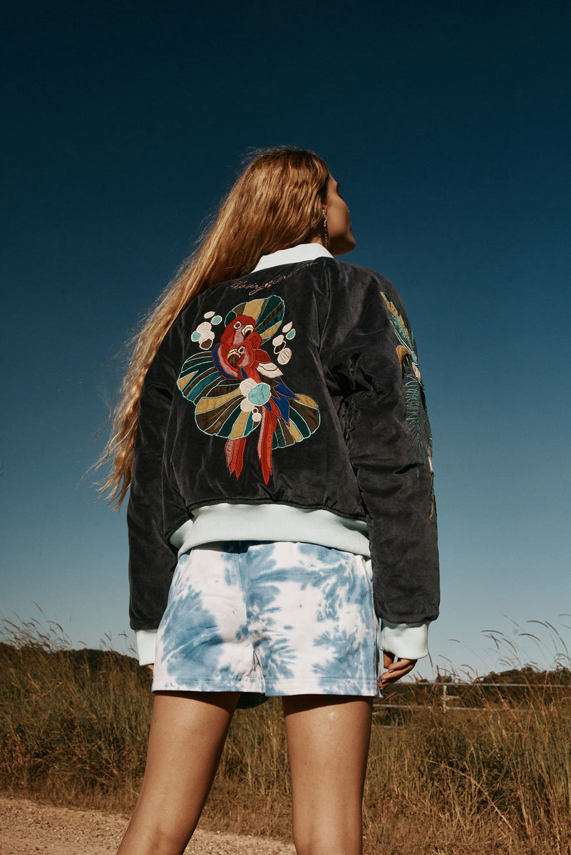 Coconut Grove Velvet Embroidered Reversible Bomber Jacket