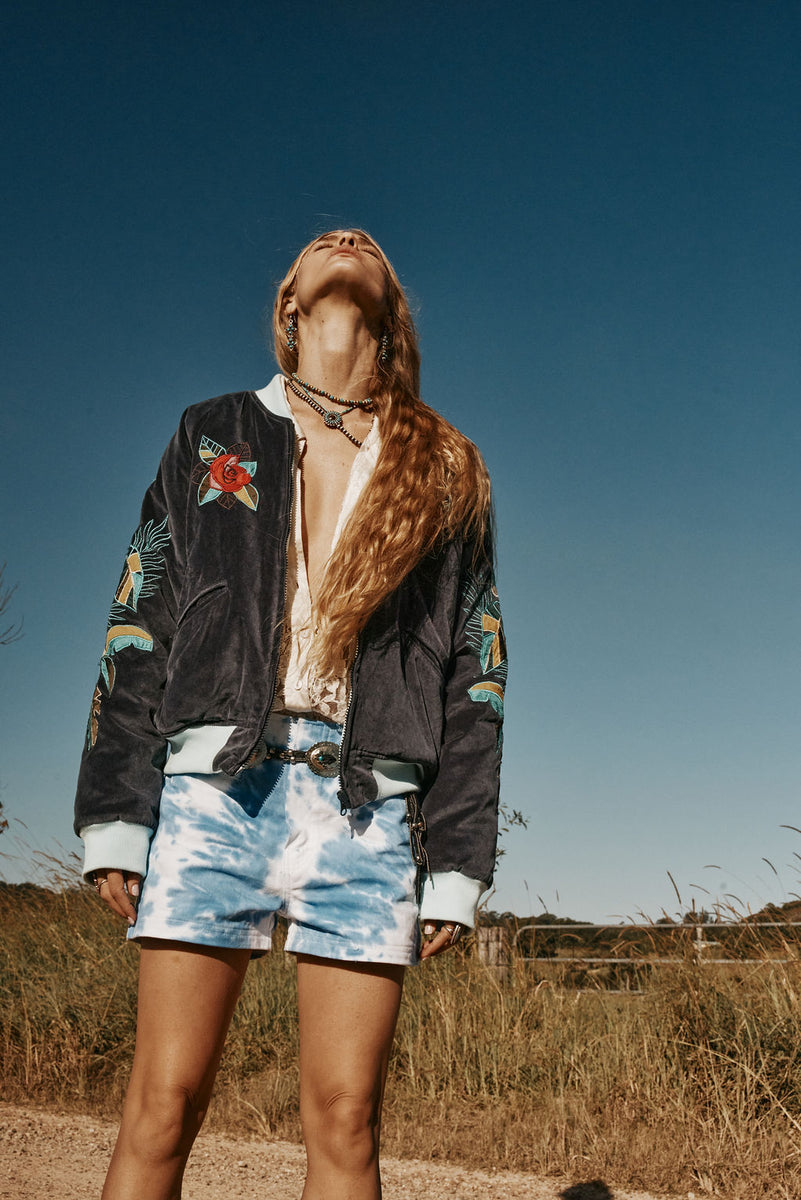 Coconut Grove Velvet Embroidered Reversible Bomber Jacket