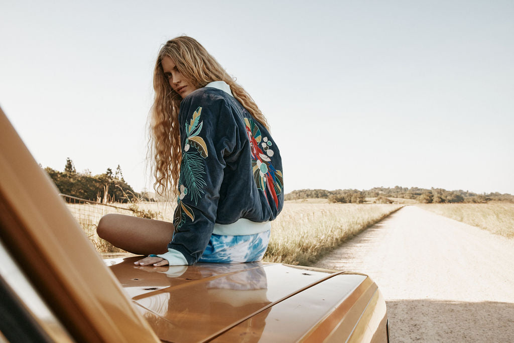 Coconut Grove Velvet Embroidered Reversible Bomber Jacket