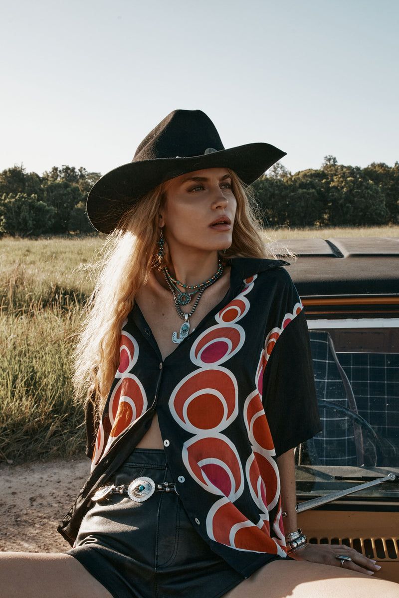 Spinning Wheel Hand Painted Silk Oversized Shirt - Black